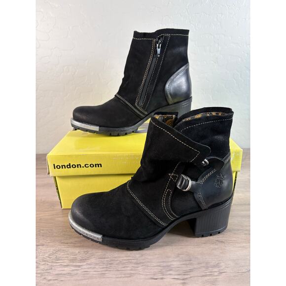 FLY LONDON Logger Lory048 Black Leather Oiled Suede Rug Ankle Boots chunky Studs - Picture 1 of 9